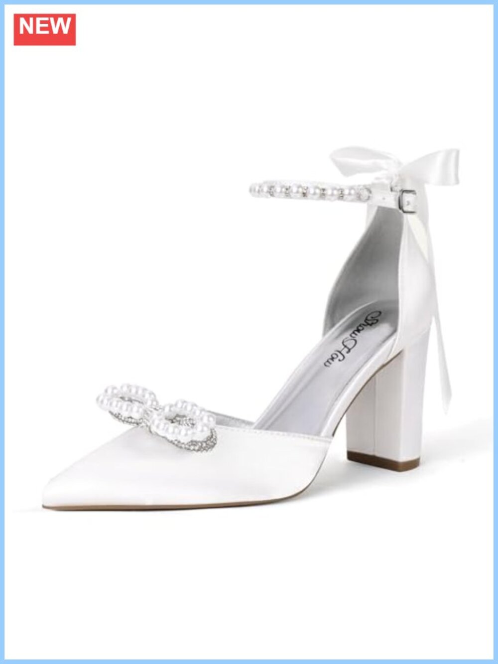 Pearl Bow Pointed Toe Wedding Pumps Ankle Strap Block Heel